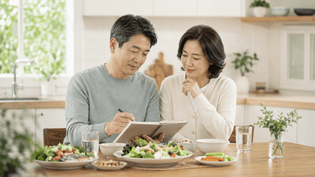 췌장염 예방을 위해 음주 습관과 식생활을 점검하는 50대 한국인 부부
