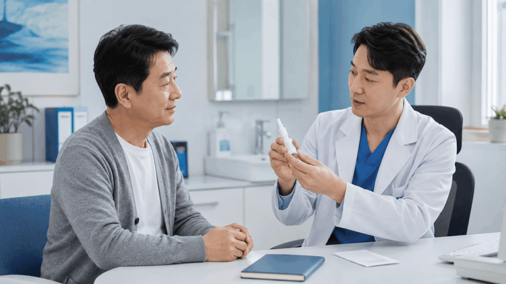 비염 분무제 사용법을 병원 상담실에서 안내받는 50대 한국인 남성