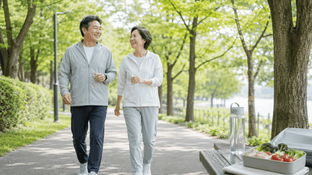 내장 지방과 공복 혈당 관리를 위해 공원에서 걷기 운동을 하는 50대 한국인 부부