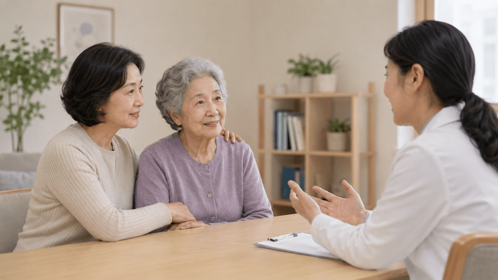 치매안심센터 조기검진 확인 기준을 상담 장면으로 표현한 케어수첩 복지정보 이미지