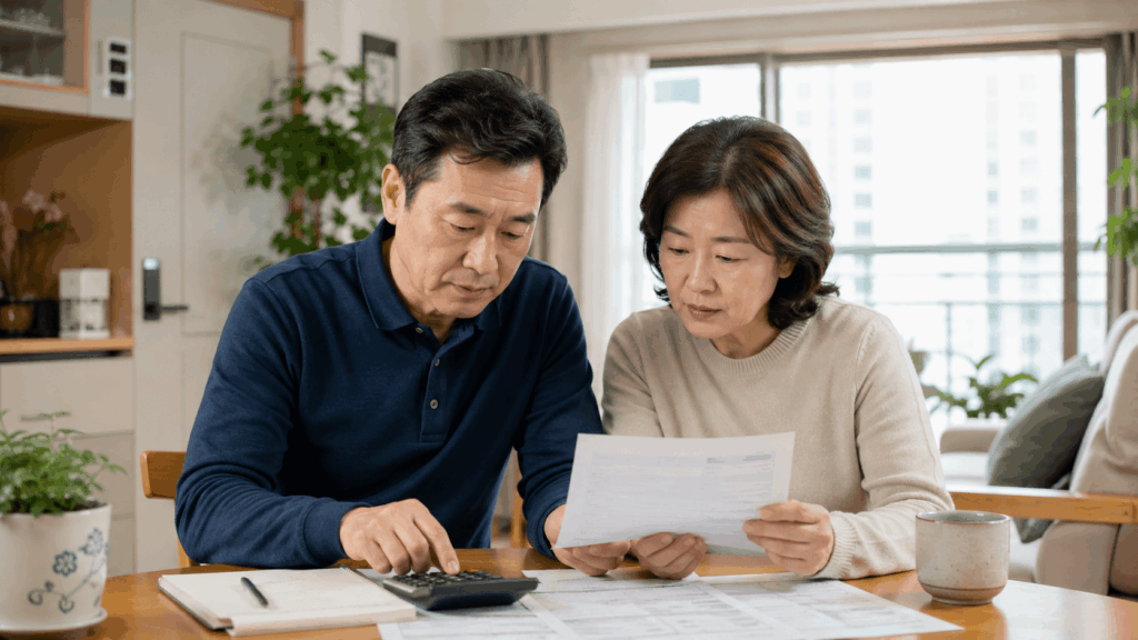 관리비 고지서 확인법을 설명하는 아파트 식탁에서 50대 한국인 부부가 관리비 고지서와 계산기를 놓고 전기 수도 항목을 확인하는 생활비 점검 장면