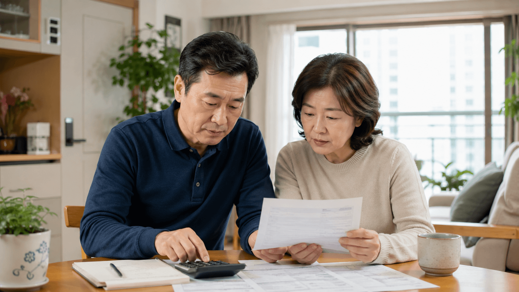 관리비 고지서 확인법을 설명하는 아파트 식탁에서 50대 한국인 부부가 관리비 고지서와 계산기를 놓고 전기 수도 항목을 확인하는 생활비 점검 장면
