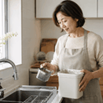 싱크대 배수구 냄새 제거를 설명하는 주방 싱크대 앞에서 50대 한국인 여성이 거름망과 음식물쓰레기통을 정리하는 깨끗한 생활 장면