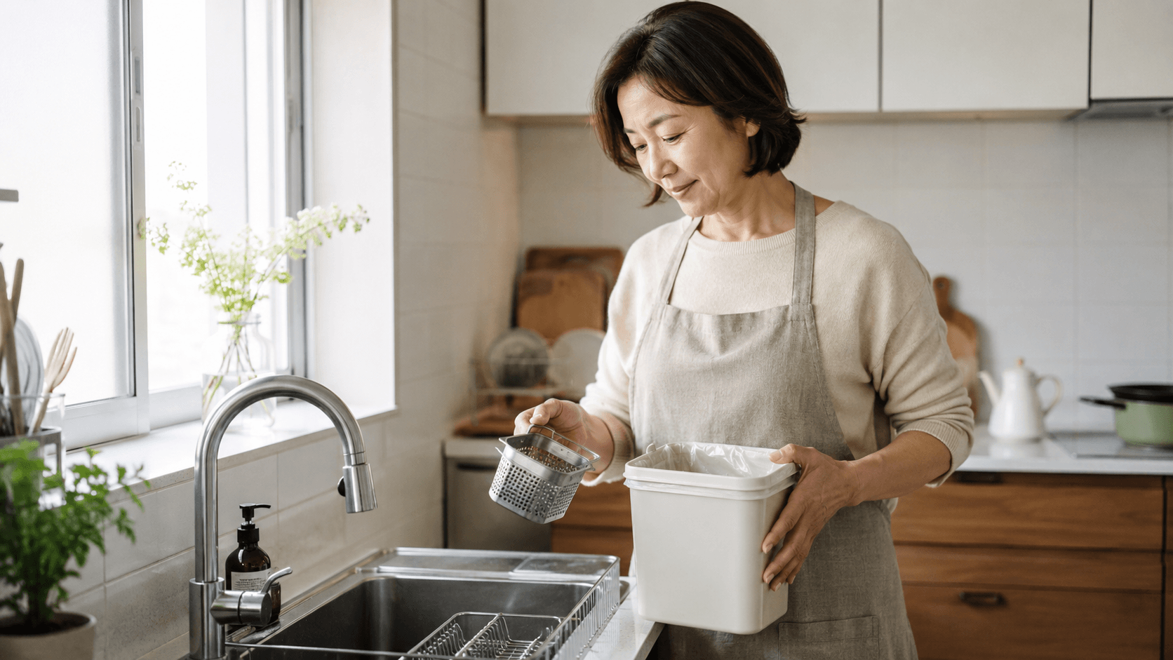 싱크대 배수구 냄새 제거를 설명하는 주방 싱크대 앞에서 50대 한국인 여성이 거름망과 음식물쓰레기통을 정리하는 깨끗한 생활 장면
