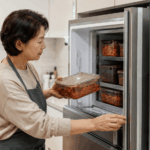 김치냉장고 성에 제거를 설명하는 김치냉장고 앞에서 60대 한국인 여성이 김치통 뚜껑과 문틈을 확인하는 밝은 주방 장면