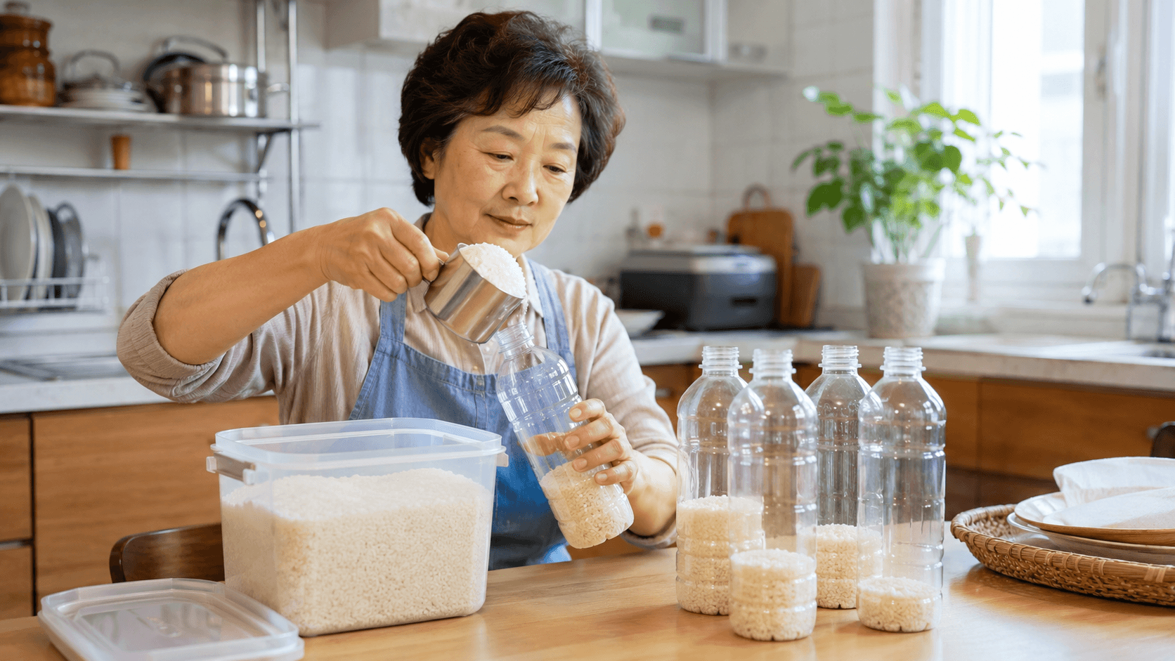 쌀벌레 예방 쌀 보관법을 설명하는 주방 식탁에서 60대 한국인 여성이 쌀을 깨끗한 밀폐용기와 페트병에 나눠 담는 생활 장면