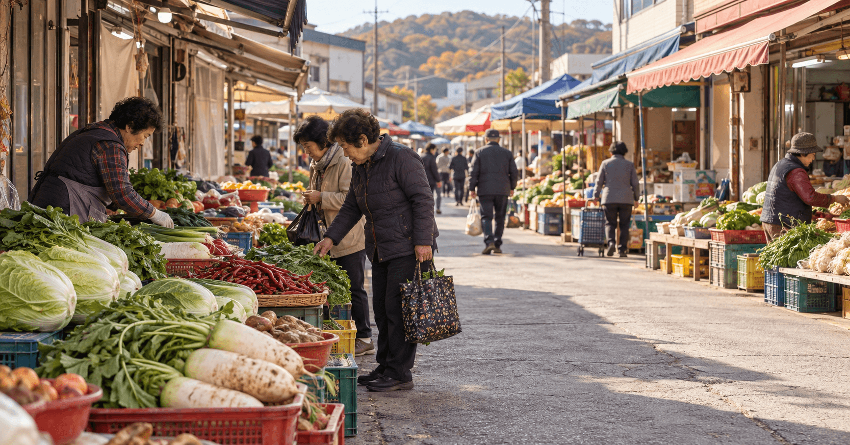 부강전통시장 장날 안내를 위한 이미지로, 농산물 판매대와 장바구니를 든 방문객이 있는 전통시장 풍경