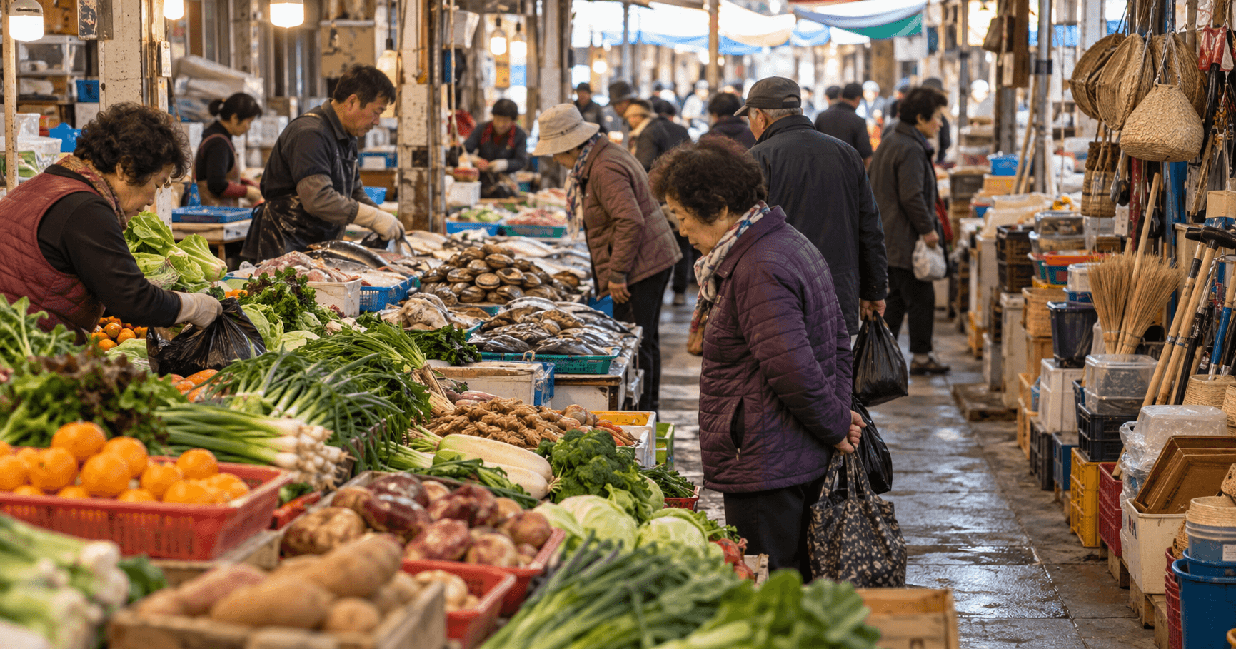 제주 한림민속오일시장을 주제로 농산물과 수산물, 농기구가 놓인 전통 오일장 통로에서 방문객들이 장을 보는 모습을 표현한 이미지
