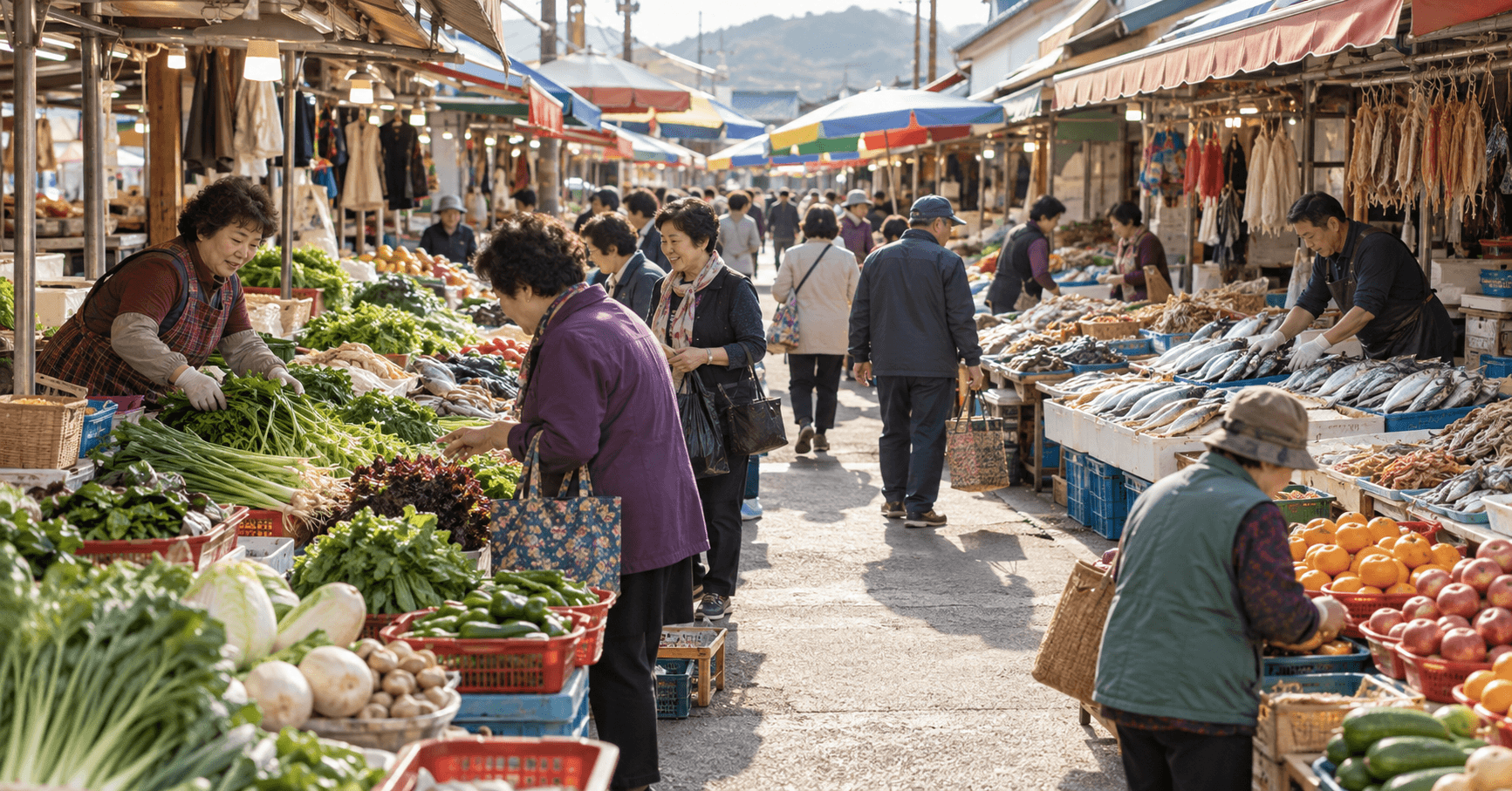 순천 아랫장 오일장을 주제로 농산물과 수산물 좌판 사이에서 방문객들이 장을 보는 전통시장 이미지